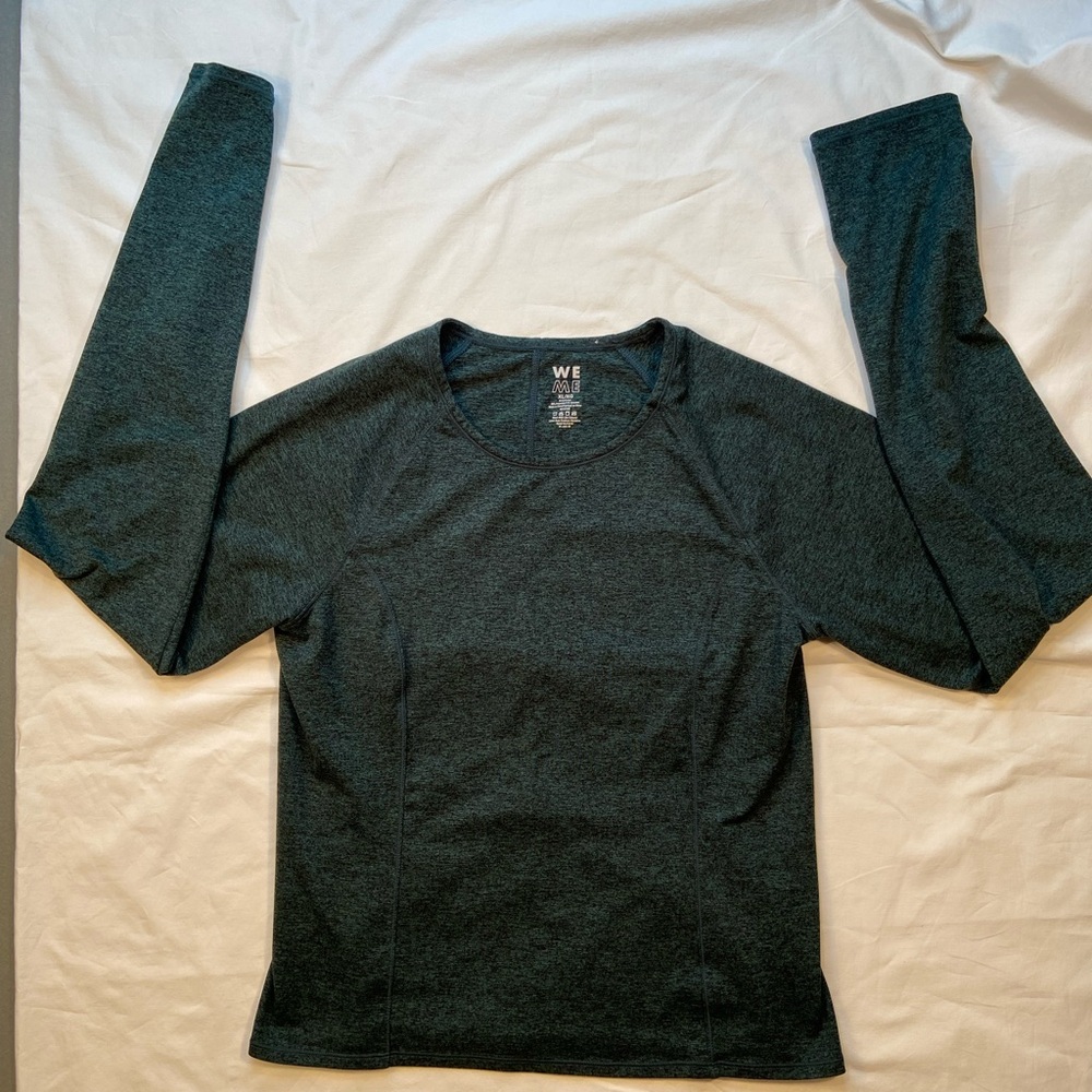 We Over Me athletic top, crew neckline, long sleeve, green tone, size XL